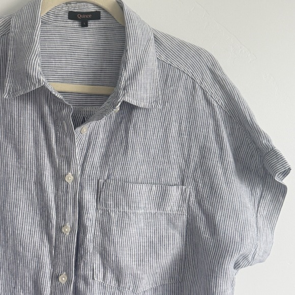 Quince Tops - Quince Women L 100% European Linen Camp Shirt Blue Pinstripe Natural Scandi